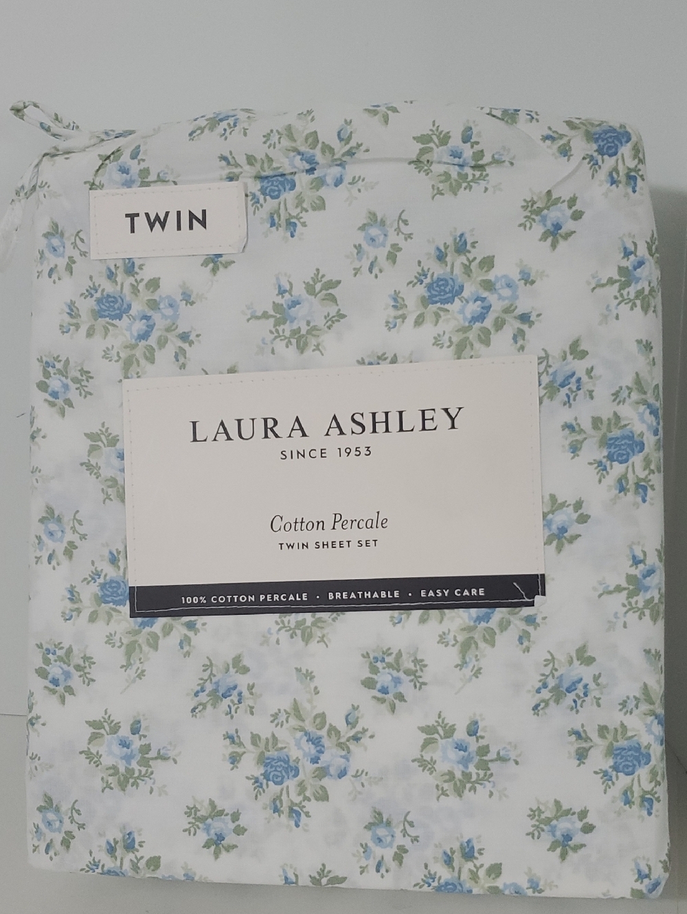 Laura Ashley Twin 100% Cotton Percale Blue Floral Sheet Set NIP